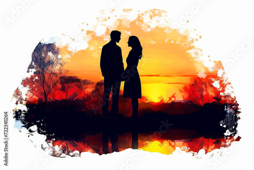 watercolor illustration, capturing a couple in a romantic date against a bright background.