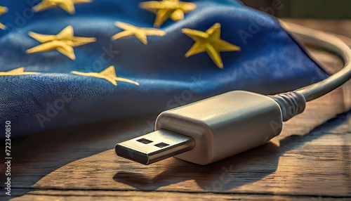 einheitliches USB-C Ladekabel mit einheitlichem Anschluss vor Europaflagge photo