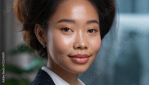  Close-up of a young woman's face, highlighting her unique beauty and the natural details of hyperpigmentation on her skin