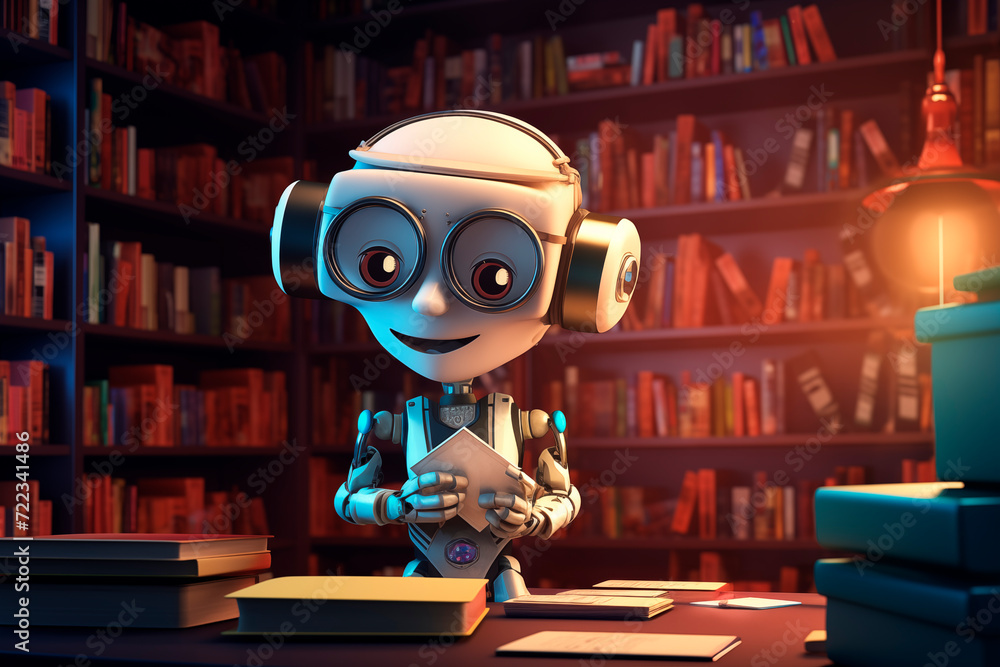 robot boy reads books in the library. The robot explores the world. robot boy reads books in the library. The robot explores the world.