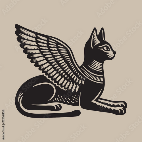 Divine sacred Egyptian cat with wings. Vintage engraving black and white vector illustration. Logo, emblem, woodcut. isolated object