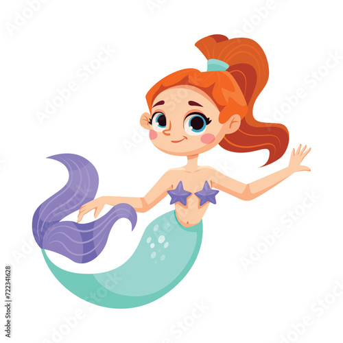 Little Girl Mermaid with Fish Tail and Wavy Hair Vector Illustration