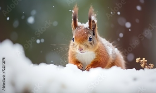 A Playful Red Squirrel Enjoying a Winter Wonderland © uhdenis
