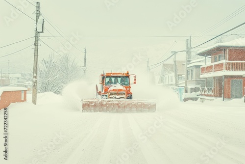 As the winter storm rages on, a snowplow braves the freezing winds and heavy snowfall, clearing a path through the snowy street with determination and perseverance
