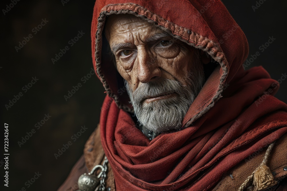 A weathered man with a red hood and turban gazes at the viewer, his wrinkled face and bushy beard reflecting a life filled with stories and wisdom