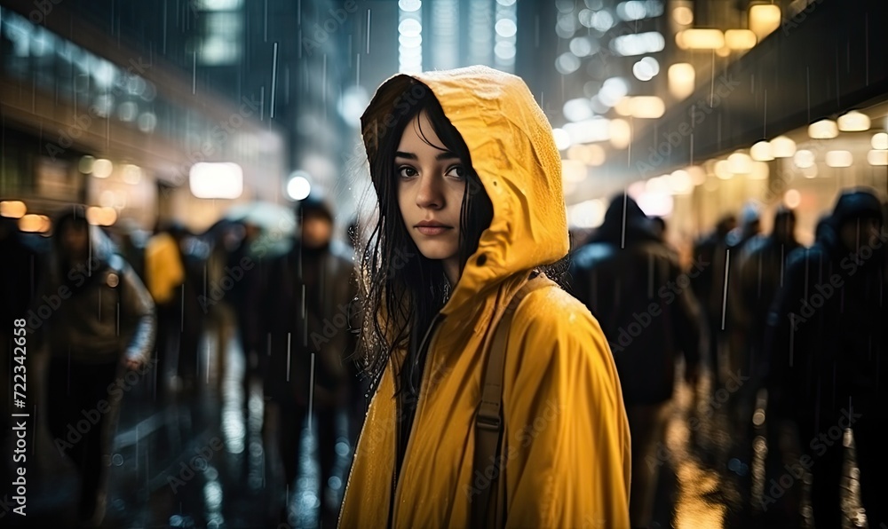 A Lone Woman Embracing the Rain in Her Vibrant Yellow Raincoat