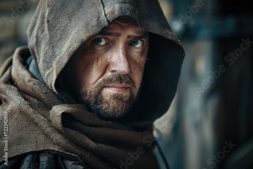 A weathered man stands in the open air, his face hidden beneath a hood, but the lines of his human features and a rugged beard still visible, hinting at a story behind his mysterious exterior photo