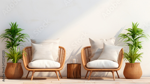 Fototapeta Naklejka Na Ścianę i Meble -  interior with two wicker chairs and plants. 3d rendering