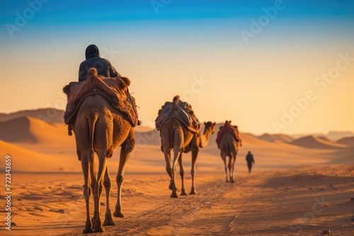 A caravan of camels rests in the desert against the backdrop of the red sea and high mountains. ai generated