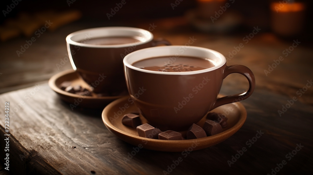 Rich Cocoa in Brown Cups with Dark Chocolate. Rich Cocoa in Brown Cups with Dark Chocolate.