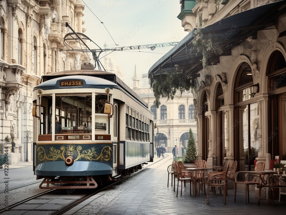Vintage Tram Rolling Through Historic City Center - AI Generated