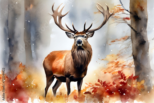 Watercolor painting that captures majestic red deer stag-during winter season.