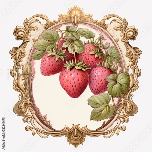 A pink and gold strawberries edged frame, strawberries framed frame vector template, venetian rococo painter, pink and gold, romanticized femininity, UHD, super detail, high resolution, photo