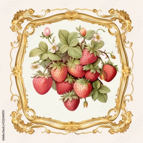 A pink and gold strawberries edged frame, strawberries framed frame vector template, venetian rococo painter, pink and gold, romanticized femininity, UHD, super detail, high resolution, photo