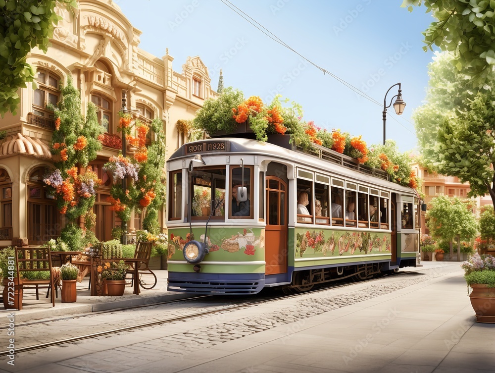 Fototapeta premium Vintage Tram Rolling Through Historic City Center - AI Generated