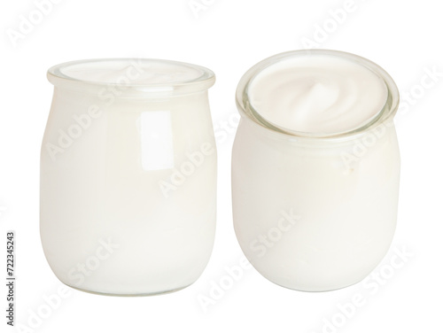 White yogurt in a small glass jar. On a blank background