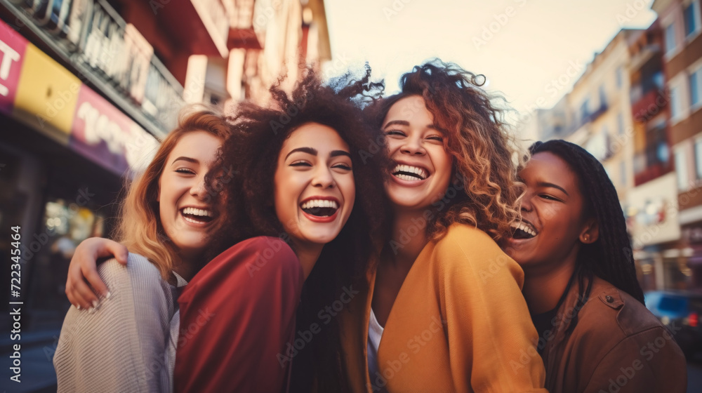 Group of happy young women having fun together on the city street. Group of happy young women having fun together on the city street.