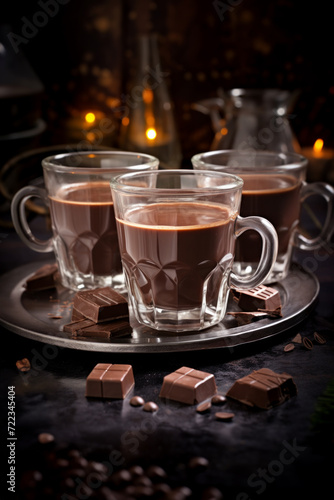 Three clear mugs of hot chocolate served on a metal tray with scattered chunks of chocolate, inviting warmth..
