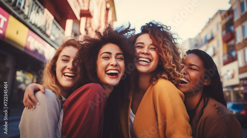Group of happy young women having fun together on the city street.