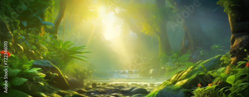 Sunlight shining through a verdant jungle with a tranquil stream