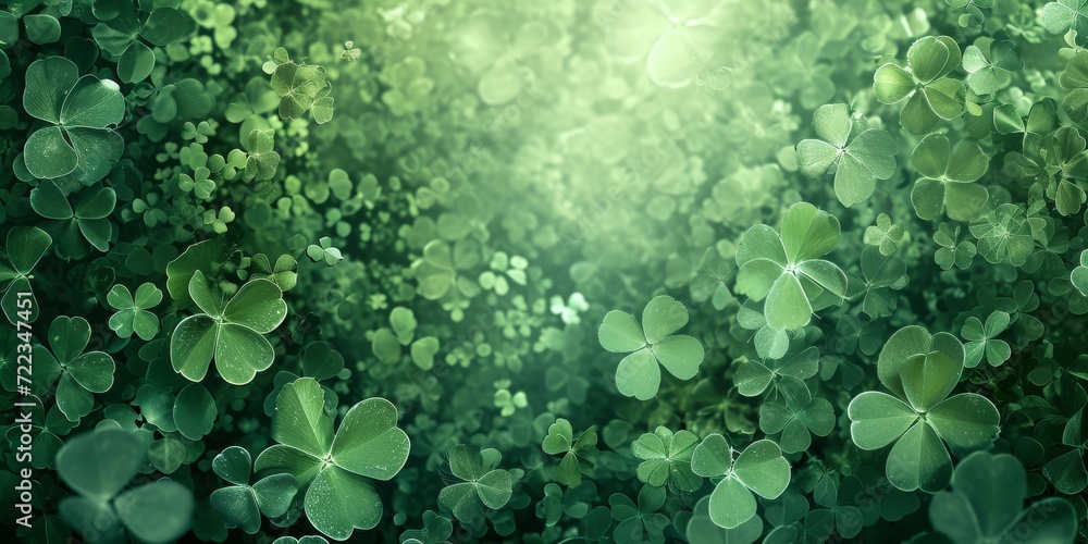 A lush backdrop of clover leaves in a gradient of green shades, perfect for St. Patrick's Day celebrations and themes - obrazy, fototapety, plakaty 