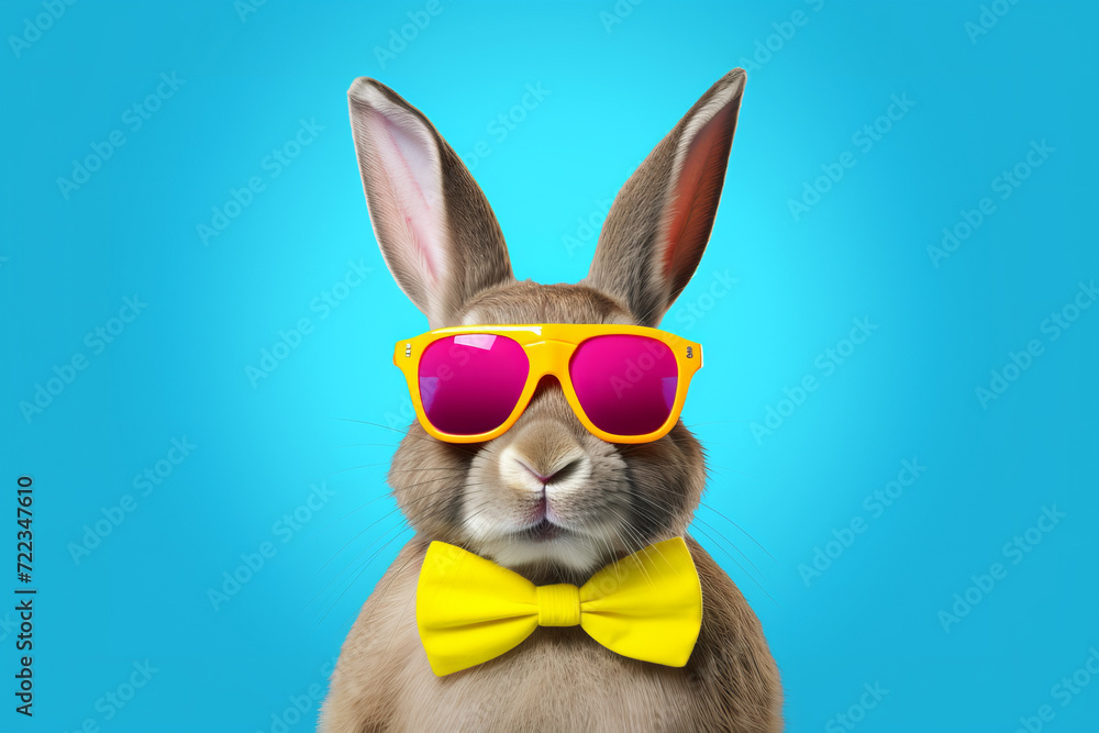 Hip brown rabbit in neon sunglasses. Pop art Easter banner poster