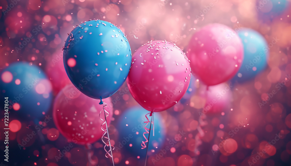 balloons of blue and pink colors on a festive background of confetti, bokeh. Gender party banner balloons of blue and pink colors on a festive background of confetti, bokeh. Gender party banner