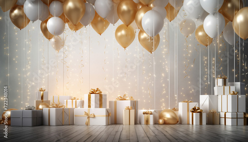 on stage there are white and gold balloons and many gifts with a gold ribbon on a background of gold sparkles and confetti, festive atmosphere, wallpaper, screensaver photo