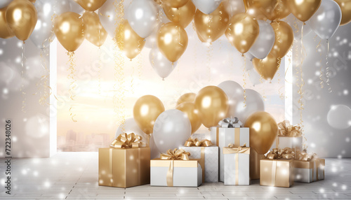 on stage there are white and gold balloons and many gifts with a gold ribbon on a background of gold sparkles and confetti, festive atmosphere, wallpaper, screensaver