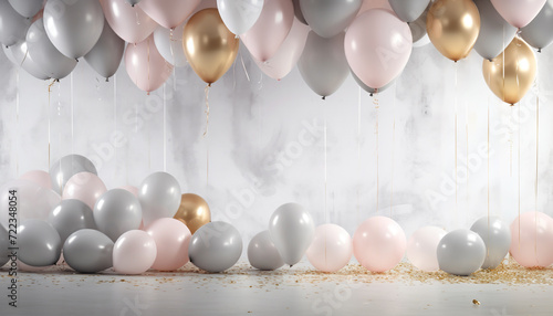 on stage, many pink and gray balloons with confetti and gold ribbons fly in the air and lie on the floor, festive atmosphere, wallpaper, background