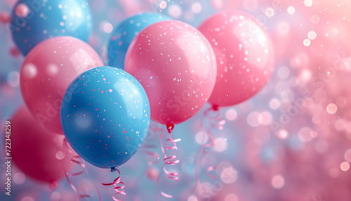 balloons of blue and pink colors on a festive background of confetti, bokeh. Gender party banner