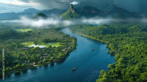 A large river like the Amazon flows in the plain The valley basin and plain are covered with forest. Generative AI. photo