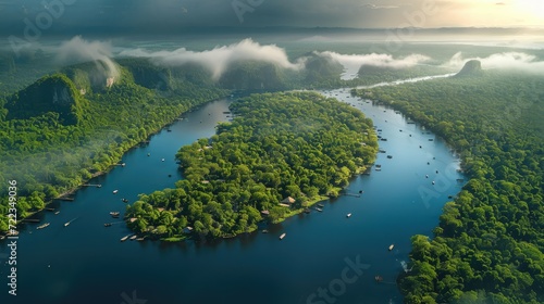 A large river like the Amazon flows in the plain The valley basin and plain are covered with forest. Generative AI. photo