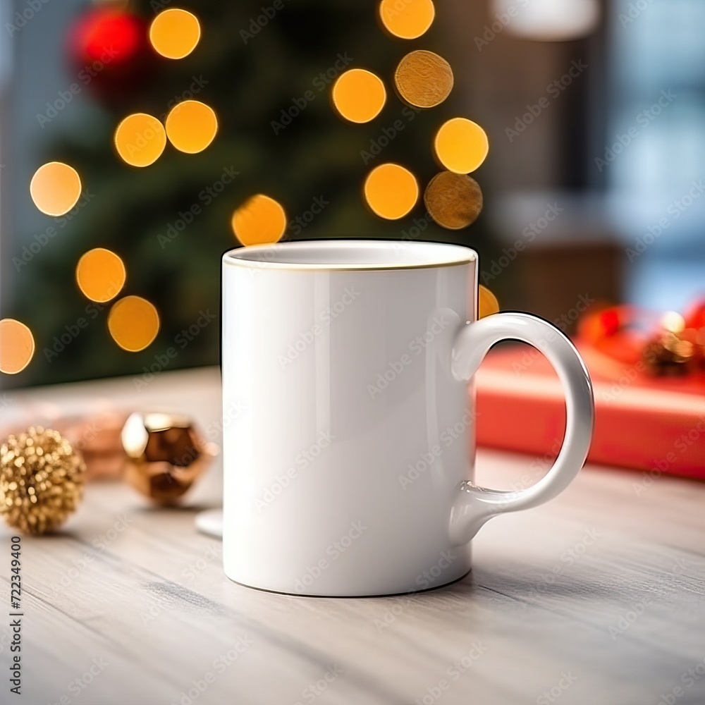 white mug empty on a desk, next to it there is christmas decoration, christmas colors