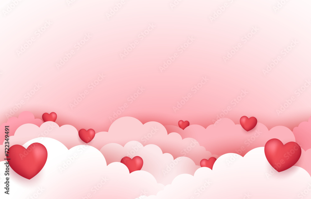 Happy Valentine's day poster or voucher. Beautiful white and pink clouds. heart frame on clouds Vector illustration. Place for text.