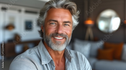 Smiling Senior Man in Casual Attire Indoors During Daytime