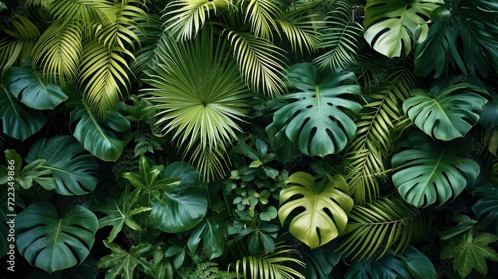 A backdrop of tropical plants in full green, in the style of moody monotones. Generative AI.