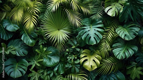 A backdrop of tropical plants in full green, in the style of moody monotones. Generative AI. © visoot