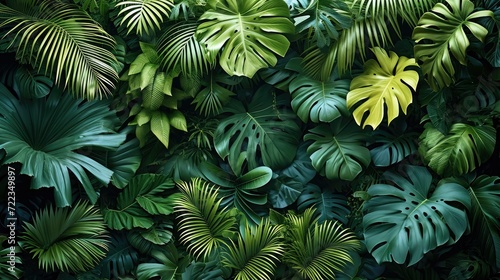 A backdrop of tropical plants in full green, in the style of moody monotones. Generative AI.