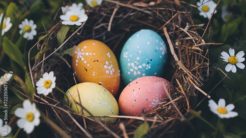 Banner. Easter eggs, feathers in a nest on a blue wooden background.