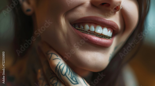 Smiling Woman with grillz and Tattoos, showcasing alternative beauty photo