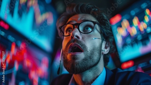 A dramatic shot of a stockbroker reacting to market fluctuations, with a background of fluctuating charts and graphs, emphasizing the emotional rollercoaster of the stock market. [ photo