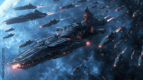 Obraz na plátně A fleet of battlecruisers and starfighters in formation, set against a cosmic ba