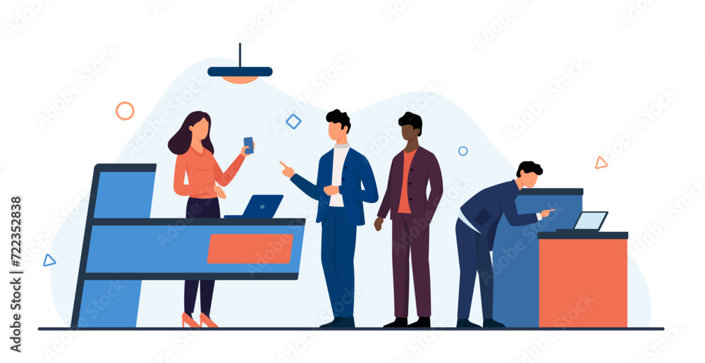 Business exhibition event with expo workers show demo products to visitors. People visit company exposition, exhibitors stand at counter for commercial presentation cartoon vector illustration - obrazy, fototapety, plakaty 