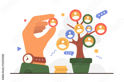 Development and organization of corporate company team, employment. Giant leader and boss hand adding icon with employees portrait to tree to join new colleague in teamwork cartoon vector illustration