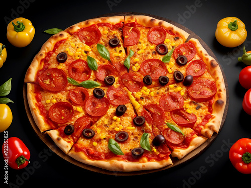 Corn freshly baked pizza with a cut slice isolated
