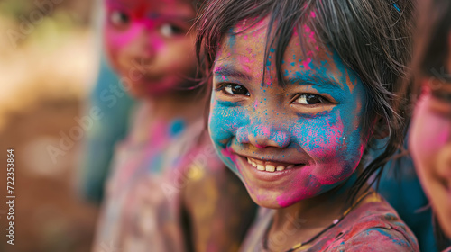 Joyful girls girlfriends with colorful faces celebrating Holi festival of colors