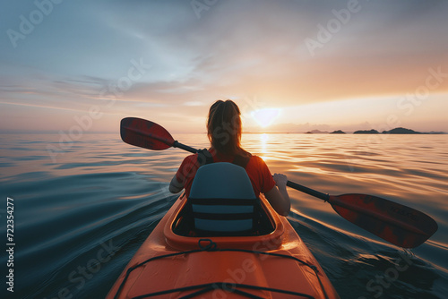 A woman kayaking in calm waters facing a stunning sunset, encapsulating a moment of tranquility and adventure.   © InputUX