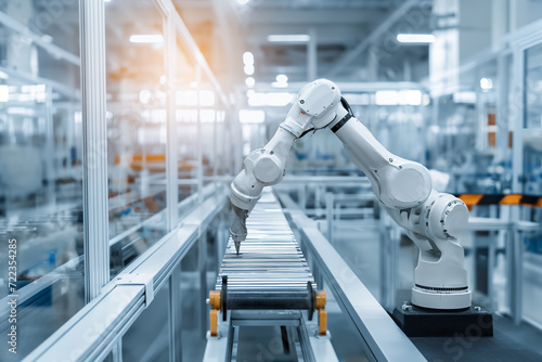 A robotic arm operates on an assembly line, symbolizing automation, precision, and modern manufacturing processes.