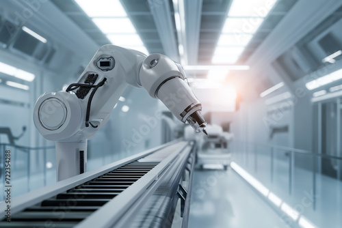 A robotic arm operates on an assembly line, symbolizing automation, precision, and modern manufacturing processes.